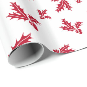 Red Sprig of Holly Berries & Leaves Wrapping Paper