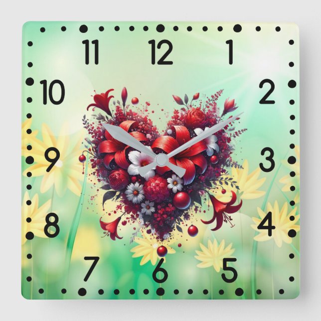 Red Spring Flowers Heart-53476 Square Wall Clock (Front)