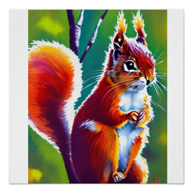 Red Sqirrel Sitting on The Branch in a Forest Poster (Front)