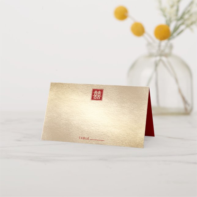 Red Square Double Happiness Gold Chinese Wedding Place Card (Front)