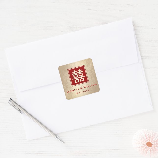 Red Square Double Happiness Gold Chinese Wedding Square Sticker (Envelope)