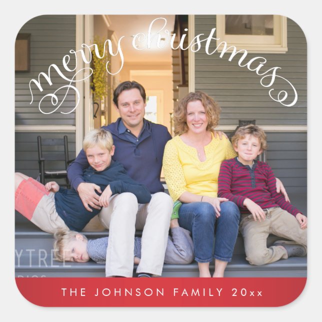 Red Square Merry Christmas Photo Stickers (Front)