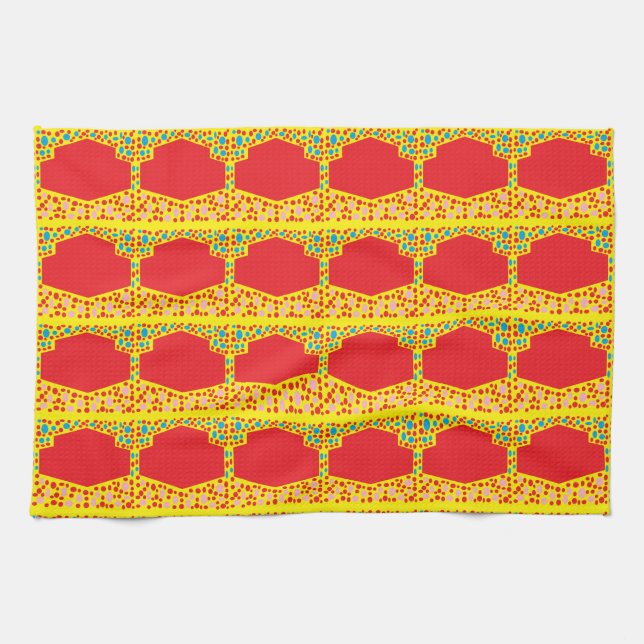 Red squares in multi patterns with blue yellow tea towel (Horizontal)