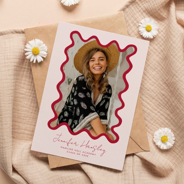 Red Squiggly Photo Frame Graduation Announcement (Creator Uploaded)