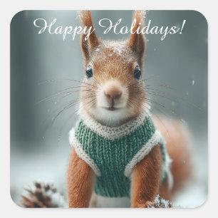 Red Squirrel in a Green Knitted Sweater with Text Square Sticker