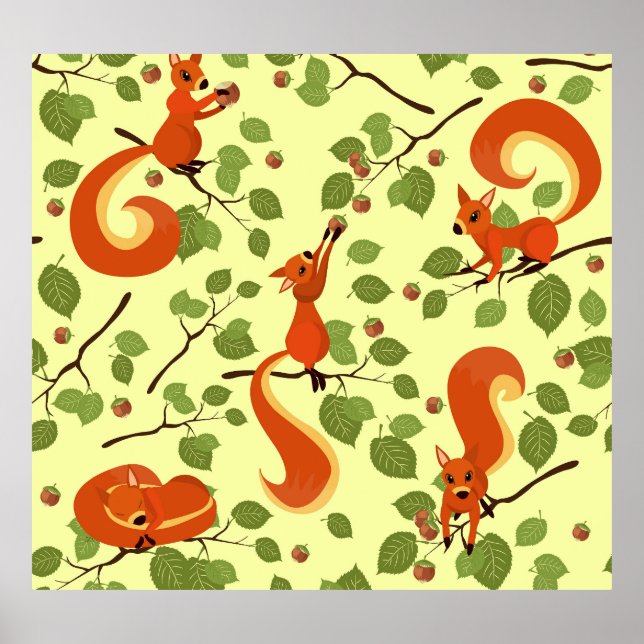 Red squirrel in hazel branches. poster (Front)
