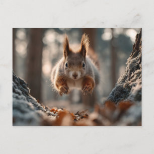 Red Squirrel Leaping in Frosty Forest Holiday Postcard