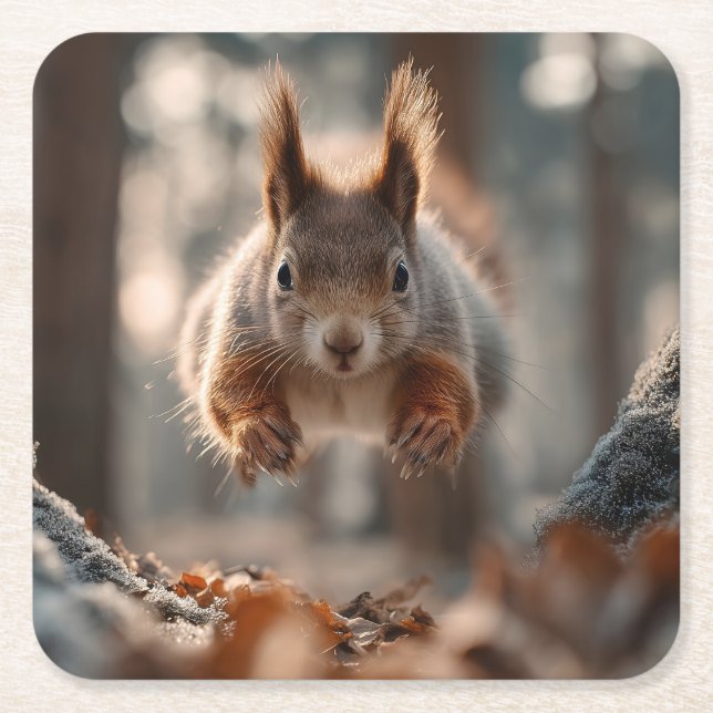 Red Squirrel Leaping in Frosty Forest Square Paper Coaster (Front)