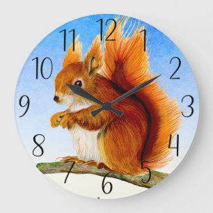 Red Squirrel Watercolor Painting Postcard Large Clock