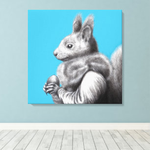 Red Squirrel with Gray Squirrel Fur Scarf (Blue) Canvas Print