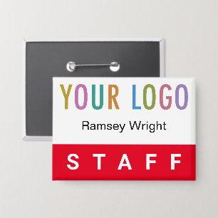 Red Staff Pin Back Name Badge Button with Logo