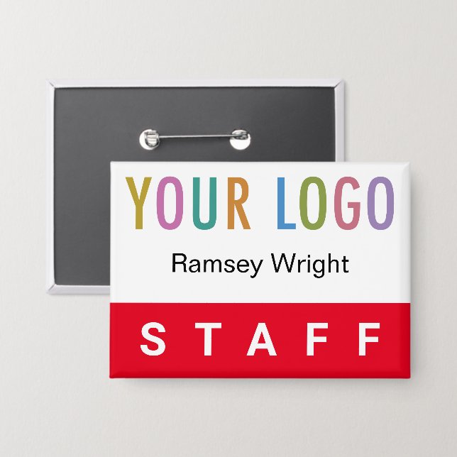 Red Staff Pin Back Name Badge Button with Logo (Front/Back)