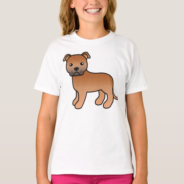 Red Staffordshire Bull Terrier Cartoon Dog T-Shirt (Front)