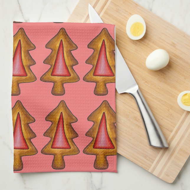 Red Stained Glass Christmas Tree Cookie Holiday Tea Towel (Quarter Fold)