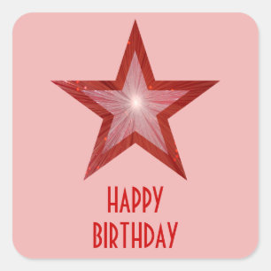 Red Star 'Happy Birthday' square sticker pale pink