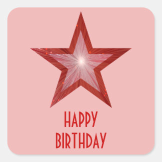 Red Star 'Happy Birthday' square sticker pale pink