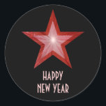 Red Star 'Happy New Year' round sticker black<br><div class="desc">Modern design with a 'shining' red and white star on a black background. Sticker with a customisable design for you to personalise with your own text, images and ideas. The text can easily be changed using the template provided or click the 'Customise It' button to make further alterations. Please note...</div>