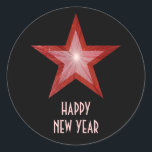 Red Star 'Happy New Year' round sticker black<br><div class="desc">Modern design with a 'shining' red and white star on a black background. Sticker with a customisable design for you to personalise with your own text, images and ideas. The text can easily be changed using the template provided or click the 'Customise It' button to make further alterations. Please note...</div>