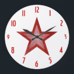 Red Star 'numbers' clock round white<br><div class="desc">Modern design with a "shining" red and white star on a white background. Wall clock with a customisable design for you to personalise with your own text, images and ideas. Please note that this is a printed image created using original photographs and digital techniques, it does not shine or contain...</div>