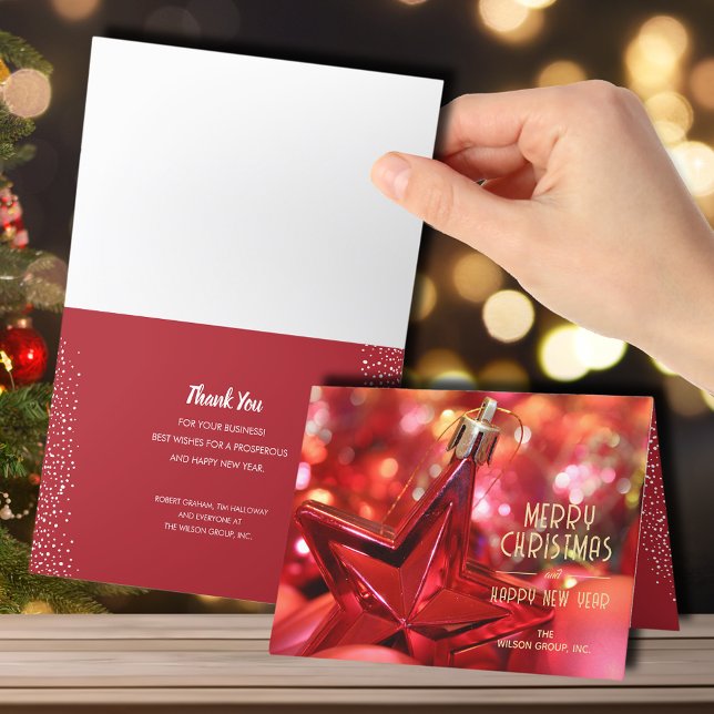 Red Star Ornament Business Thank You Folded Holiday Card (Creator Uploaded)