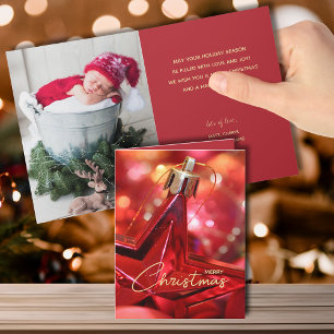 Red Star Ornament Folded Christmas Photo Card