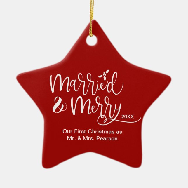 Red Star Our First Christmas Married Merry Photo Ceramic Tree Decoration (Front)