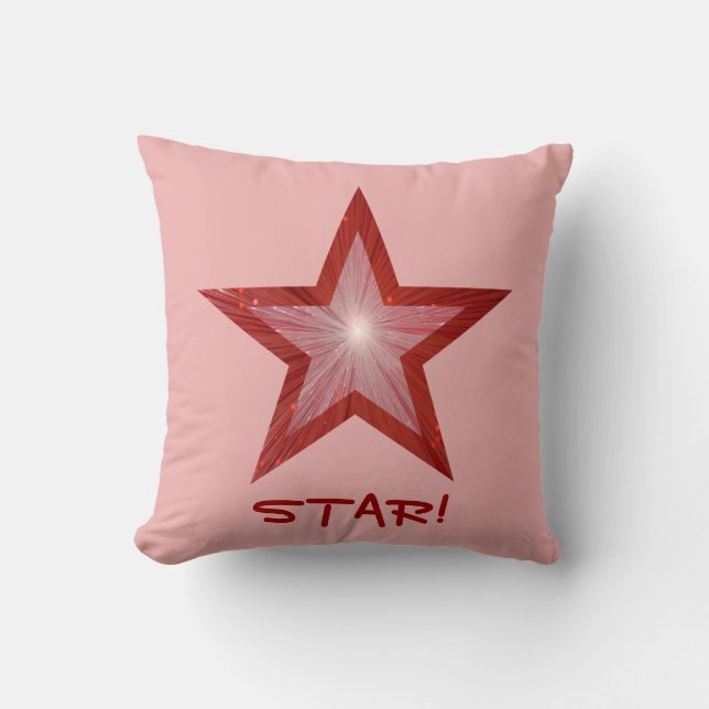 Red Star 'STAR!' throw pillow square pale pink (Front)