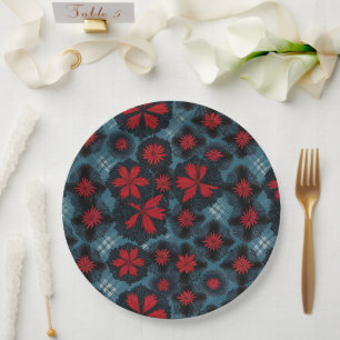 Red Starburst And Blue Plaid Paper Plate
