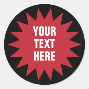 Red starburst or sun burst shape with text classic round sticker