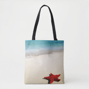 Red Starfish On White Sand Beach Tote Bag
