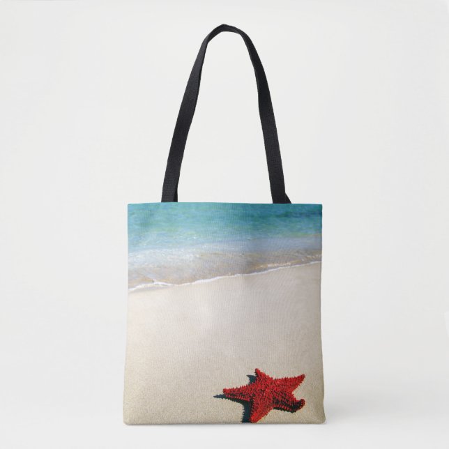 Red Starfish On White Sand Beach Tote Bag (Front)