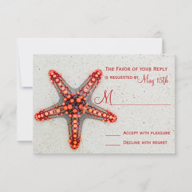 Red Starfish Sand Beach Destination Wedding RSVP Card (Front)