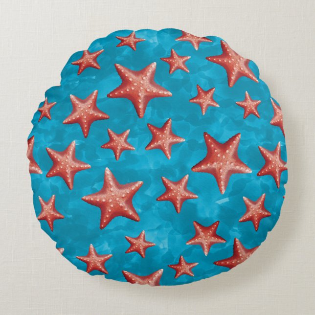 Red Starfish Summer Beach Nautical Coastal Round Cushion (Front)