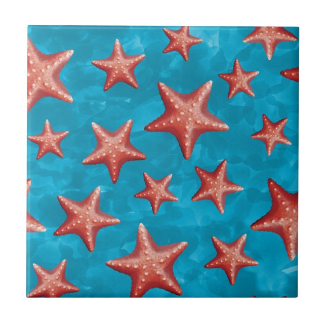 Red Starfish Summer Beach Nautical Coastal Tile (Front)