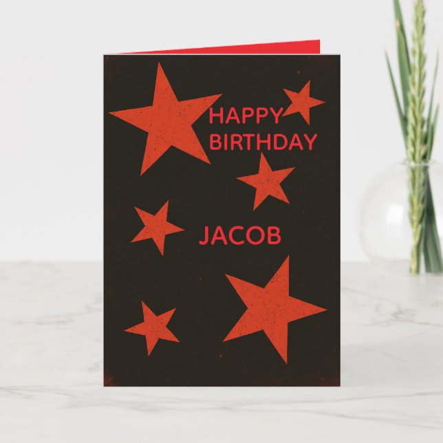 Red Stars Black Background Retro Grunge Birthday Card (Front)