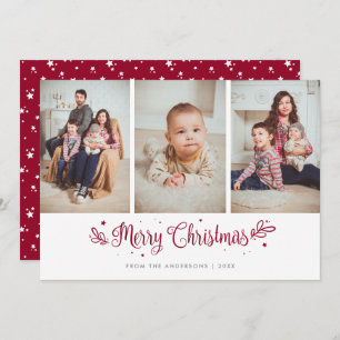 Red Stars Calligraphy Christmas 3 Photo Cards