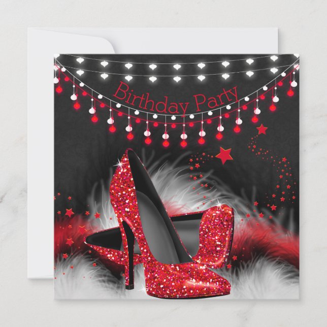 Red Stars High Heels Birthday Chalkboard Lights Invitation (Front)