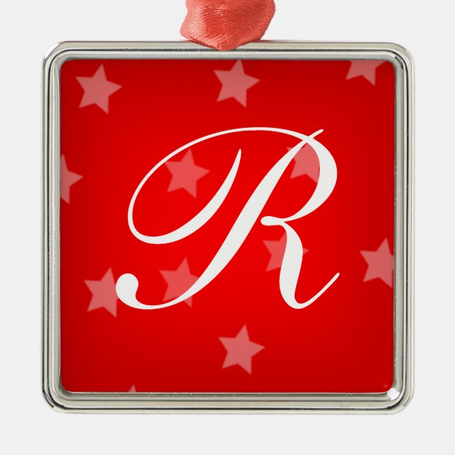 Red Stars Monogrammed Christmas Tree Ornament (Front)
