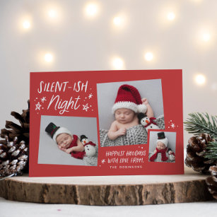 Red Stars Silent-ish Night 3 Photo Collage Baby Holiday Card