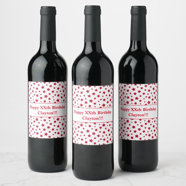 Red Stars With Message Birthday Wine Label (Bottles)