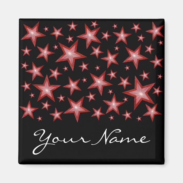 Red Stars 'Your Name' fridge magnet square black (Front)