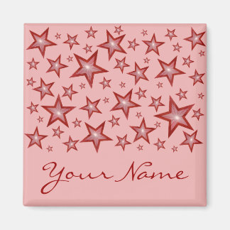 Red Stars 'Your Name' fridge magnet square pink