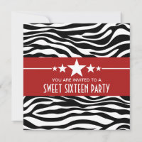 Red Stars Zebra Print Sweet 16 Invite