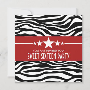 Red Stars Zebra Print Sweet 16 Invite