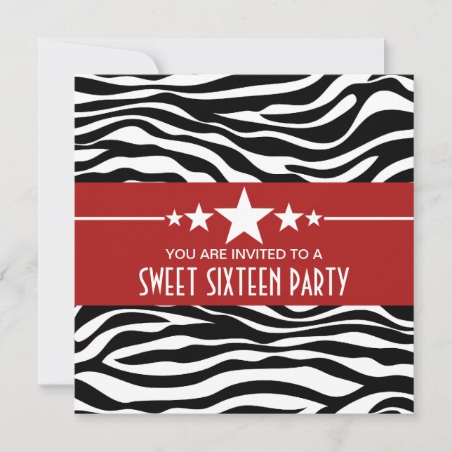 Red Stars Zebra Print Sweet 16 Invite (Front)