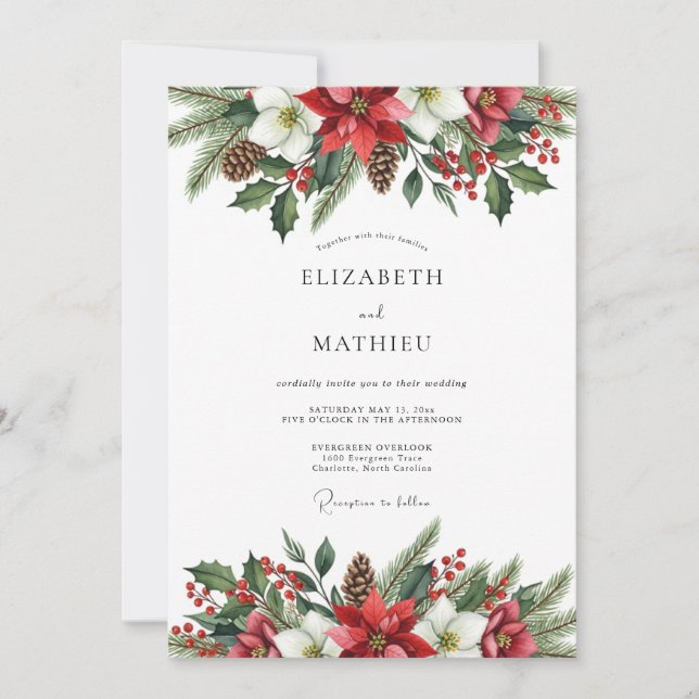 Red Stately Botanical Winter Wedding Invitation (Front)