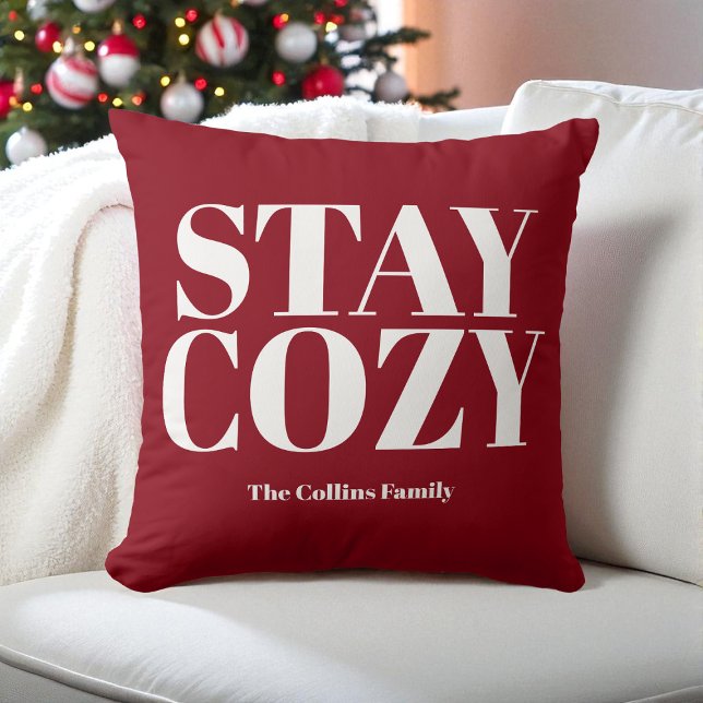 Red Stay Cosy Festive Typography White Family Name Cushion (Red Stay Cozy Festive Typography White Family Name Throw Pillow)