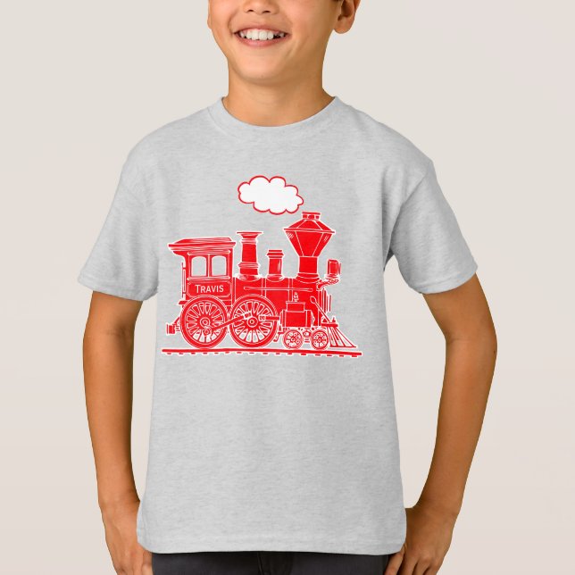 Red steam loco train "your name" kids t-shirt (Front)