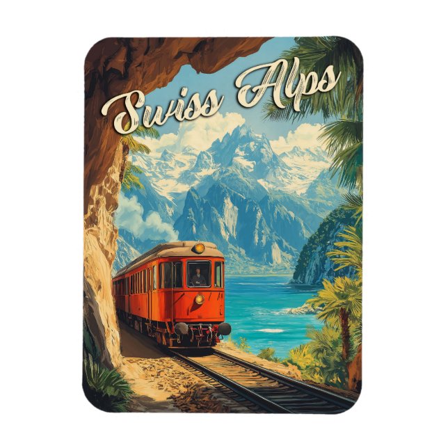 Red Steam Locomotive Souvenir: Vintage Swiss Alps  Magnet (Vertical)