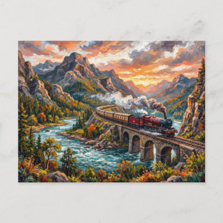 Red Steam Train Crossing River Canyon Sunset Art Postcard